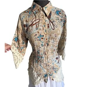 Dress-U by‎ Sharon Womens Boho Paisley Floral Lace Trim Button Down Blouse Tan L